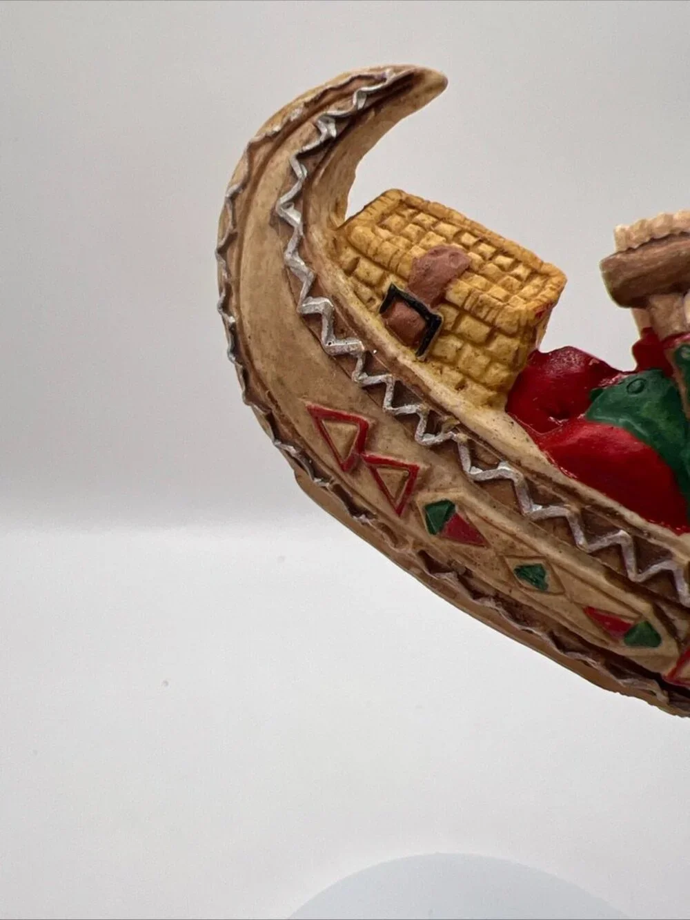 Vtg Santa Paddling His Canoe Folk Art Christmas Ornament 2x3.5”